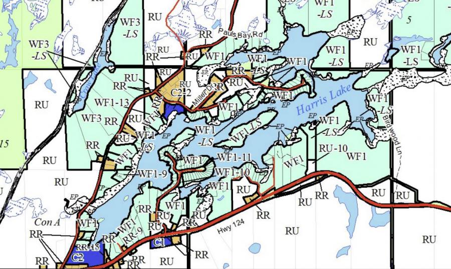 Zoning Map of Harris Lake in Municipality of McDougall and the District of Parry Sound
